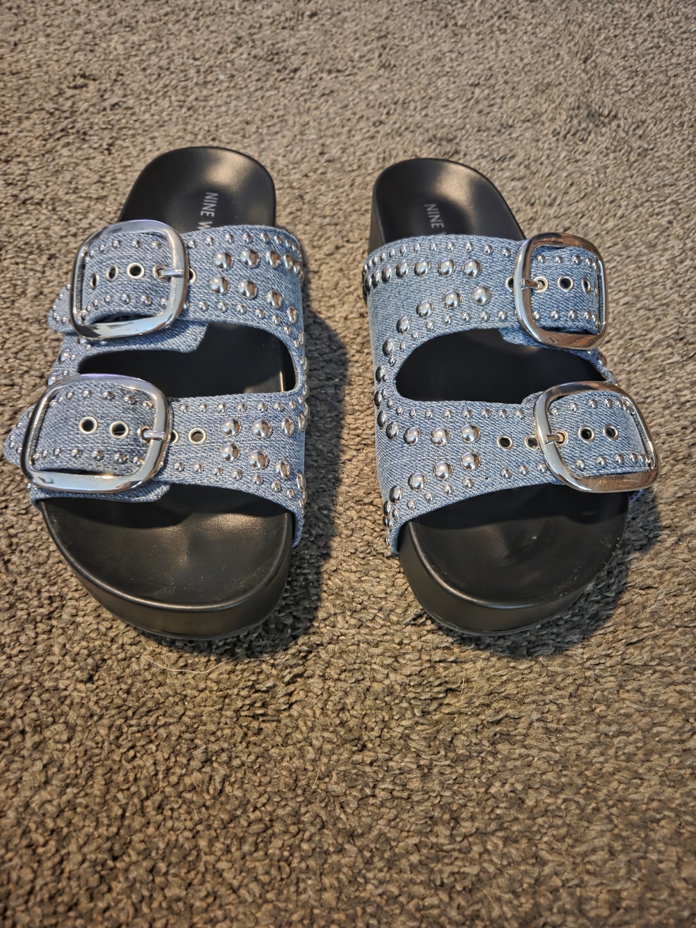 Nine West Light Blue Studded Double-Buckle Slide Sandals 7.5